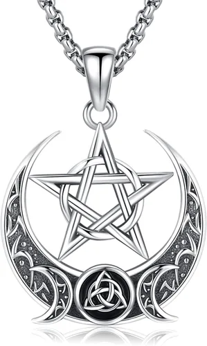 Vista 76 de Collar de pentagrama de plata de ley con triple luna, diosa celta, nudo celta, nudo de brujas, Ankh, sol y luna, Hécate, lilith, Santa Muerte