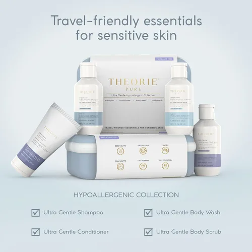 Vista 5 de THEORIE PURE - Juego de artículos de tocador de tamaño viaje, champú hipoalergénico, acondicionador, gel de baño y exfoliante corporal, sin