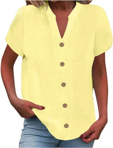 Vista 17 de Camisetas de verano para mujer, de manga corta, pétalos, de lino, con bolsillo, casual, con botones, blusas básicas