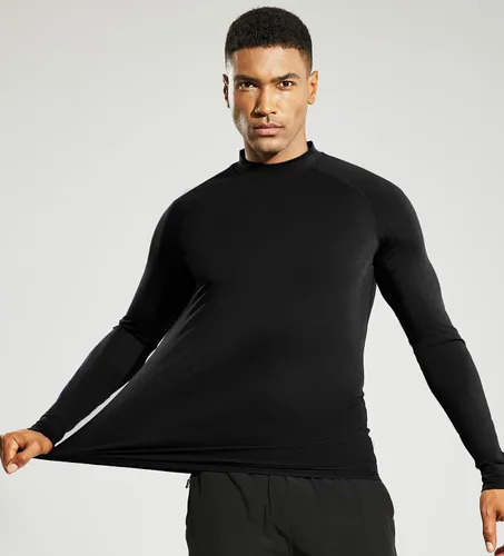 Vista 2 de MIER Camiseta de manga larga con cuello alto falso para hombre, ligera, de compresión, para correr, atletismo, entrenamiento, camiseta de rendimiento
