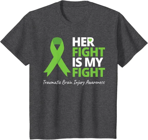 Vista 28 de Camiseta con cinta verde de la conciencia de la TBI, con texto en inglés "Her Fight Is My Fight" Jaspeado Oscuro