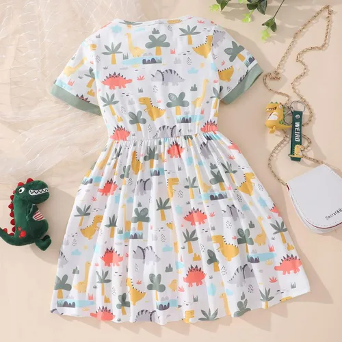 Vista 3 de Vestidos de verano para niñas pequeñas, túnica de dinosaurio, vestido casual de manga corta, vestido de patinadora para niños pequeños, 2-7T