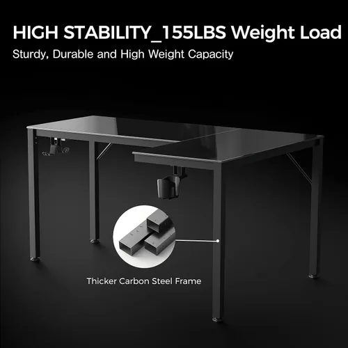 Vista 7 de EUREKA ERGONOMIC Escritorio de Juegos en Forma de L Reversible de 60 Pulgadas de Vidrio Negro con Luces LED RGB, Mesa de Computadora para Oficina