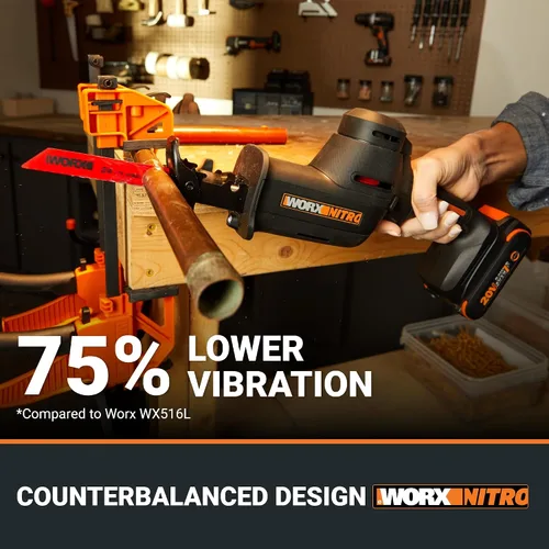 Vista 6 de WORX Sierra recíproca inalámbrica compacta de 20 V, longitud de carrera de 1 pulgada, motor sin escobillas para un 50% más de tiempo