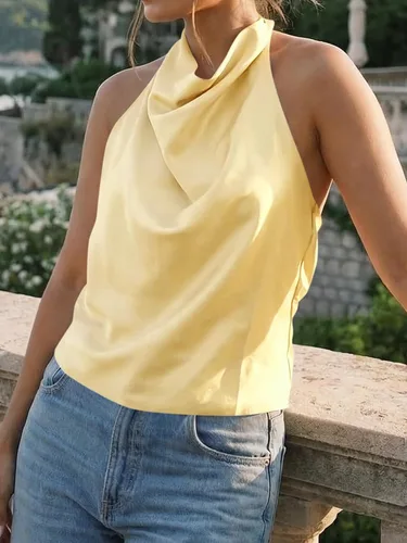 Vista 4 de Cicy Bell Camiseta de satén con cuello halter para mujer, sin espalda, Y2K Amarillo