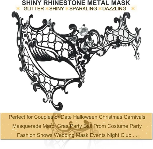 Vista 3 de Máscara de mascarada para parejas y mujeres, hecha de diamante de imitación de metal veneciano para fiesta, noche y baile de graduación