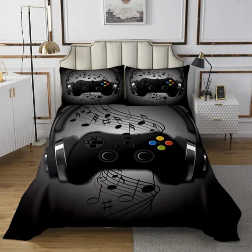 Vista 2 de Juego de ropa de cama de videojuegos con auriculares negros y grises con diseño de notas musicales con control de videojuegos para niños y niños