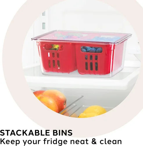 Vista 5 de Oggi Contenedor de bayas para nevera, canasta de doble colador, contenedores ideales para refrigerador, incluye inserto de colador de bayas