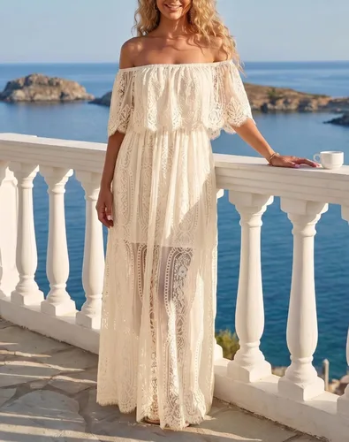 Vista 4 de Holipick Vestido Maxi de Encaje con Hombros Descubiertos para Mujer Estilo Boho Invitada de Boda Dama de Honor Playa Vestido Largo Formal Beige