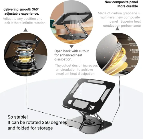 Vista 2 de Soporte ajustable para laptop para escritorio, elevador ergonómico giratorio de 360°, soporte plegable para computadora portátil compatible
