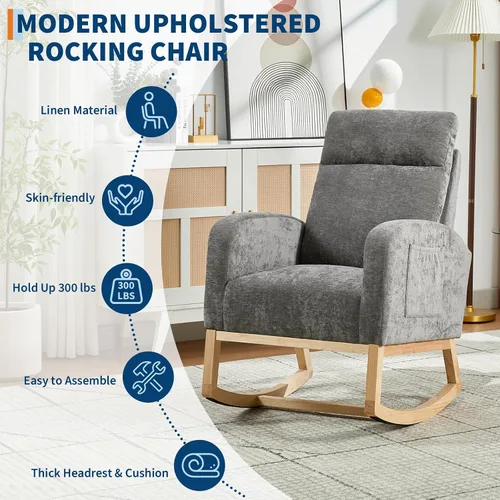 Vista 4 de Mecedora moderna para guardería, tapizada de lino con respaldo de 26 pulgadas de alto, asiento acolchado para sala de estar, dormitorio, lectura
