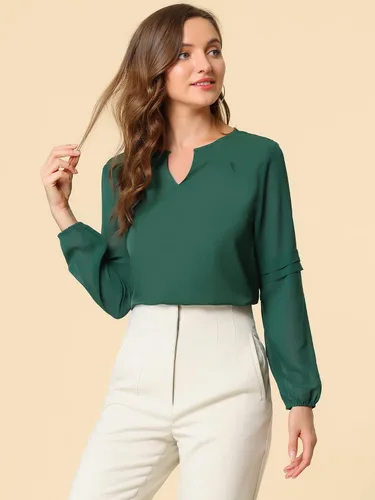 Vista 4 de Allegra K Blusa elegante de gasa para mujer, de manga larga, con cuello de ojo de cerradura