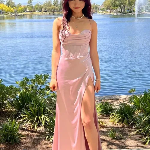 Vista 6 de Vestidos de fiesta de satén de seda con tirantes delgados, largos, formales, sexy, con abertura alta, para mujer, vestido de noche CM246