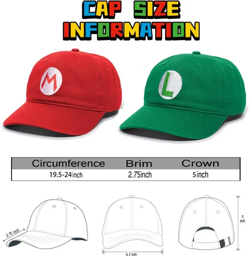 Vista 5 de Super Bros - Gorra de béisbol y bigote falso y guantes para adultos, adolescentes, suministros de fiesta de Halloween, cosplay