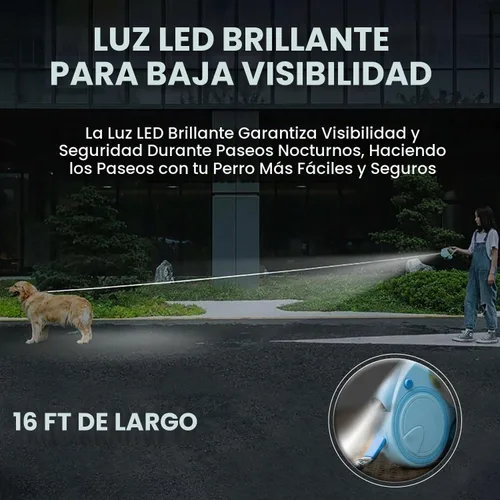 Vista 3 de Correa retráctil para perro con linterna y dispensador, correa retráctil para perro de 16 pies es perfecta para caminar seguro y cómodo con tu Azul