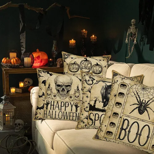 Vista 3 de Juego de 4 fundas de almohada de 16 x 16 pulgadas con texto en inglés «Happy Halloween» de Halloween con diseño de calabaza espeluznante y B Vintage