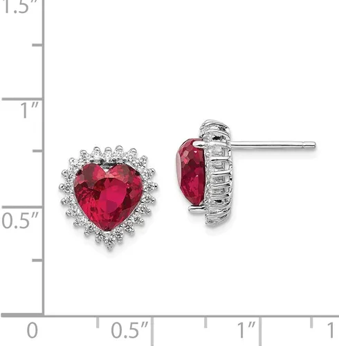 Vista 2 de Cheryl M Sterling Silver 100-facet Lab created Ruby & CZ Heart Post Earring
