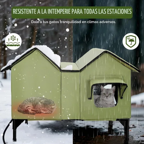 Vista 4 de Casa climatizada para gatos para exteriores, casa extragrande para gatos al aire libre, resistente a la intemperie con almohadilla térmica, puerta
