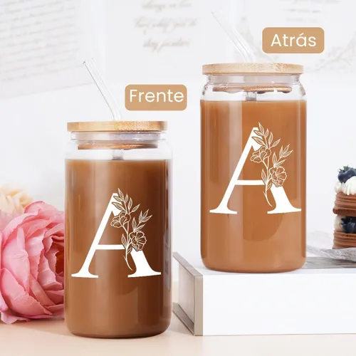 Vista 4 de SANDJEST Regalos con monograma para mujer, taza de vidrio con inicial, monograma A, taza de café de 16 onzas con tapa y pajita, iniciales