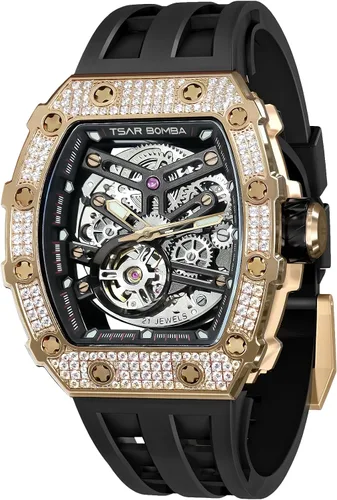 Vista 36 de Tsar Bomba Men's Automatic Watch Tonneau Luxury Skeleton Watch for Men Mechanical 50M Waterproof Wristwatch Gift for Men 08tc-whi
