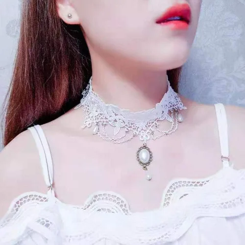 Vista 3 de Acxico Princesa Nupcial Romántico Clásico Blanco Borlas Encaje Perla Colgante Collar