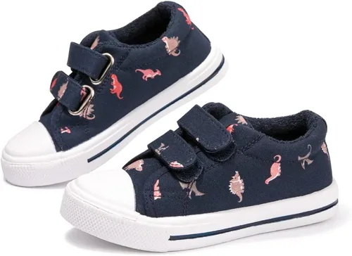 Vista 3 de FUNKYMONEY - Tenis de lona para niños y niñas, informales, sin cordones, ajustables, con gancho y bucles, zapatos para caminar para niños pequeños