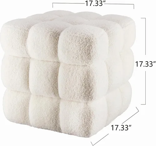Vista 2 de Otomana cuadrada de sherpa blanca – Puf grande de 17.3 pulgadas con marco de madera resistente, 330 libras de capacidad, moderno taburete de tocador