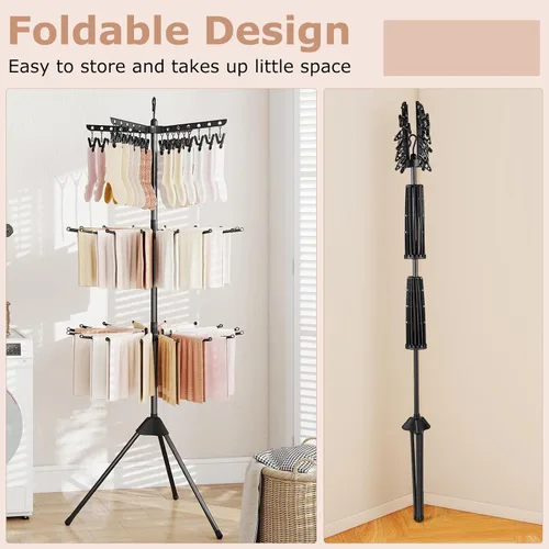 Vista 8 de GIANTEX - Trípode de secado de ropa de 70 pulgadas con 24 clips y 32 varillas, giratorio en 360° 3-Tier Freestanding Folding Laundry Drying Rack