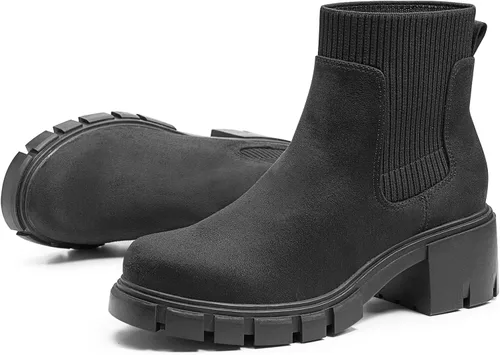 Vista 8 de FITORY Botas Chelsea para mujer, botines de tobillo elásticos con tacón medio grueso y suela con tacos, zapatos cómodos y modernos sin cordones