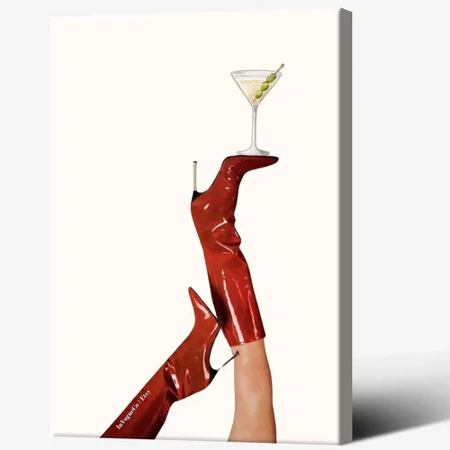 Vista 18 de Póster vintage de Martini con botas rojas de cereza a la moda, póster femenino de cóctel, arte de pared, arte feminista de preparación