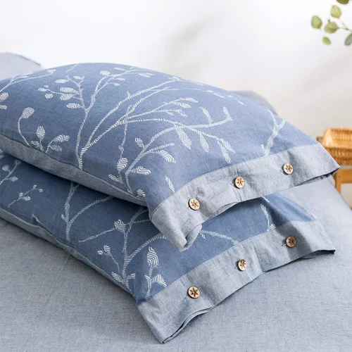 Vista 4 de Juego de funda de edredón tamaño matrimonial/queen, hilo de algodón lavado, jacquard azul y blanco, patrón de ramas gruesas, estilo floral, juego