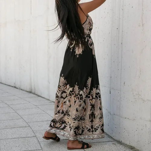 Vista 6 de Vestido largo bohemio con estampado floral para mujer, con tirantes delgados, cuello en V, lazo en la cintura, fiesta en la playa, vestido largo