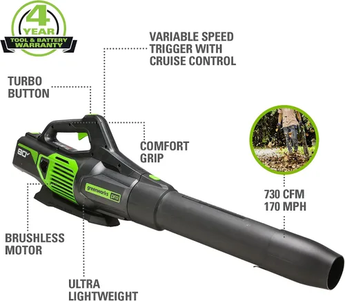 Vista 2 de Greenworks Soplador eléctrico de hojas de 80 V, 730 CFM, solo herramienta