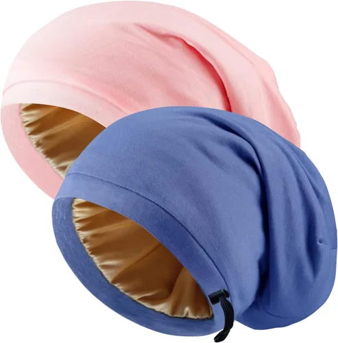 Vista 8 de 2 gorros de seda ajustables para dormir, gorro de dormir con forro de satén para mujeres y hombres, gorro de seda para el cabello holgado.