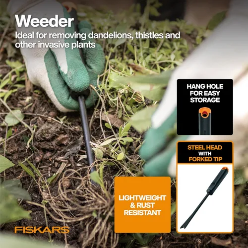Vista 4 de Fiskars Juego de herramientas de jardín de verduras con tijeras de verduras, sembrador de semillas, paleta, cultivador, desbrozadora y guantes