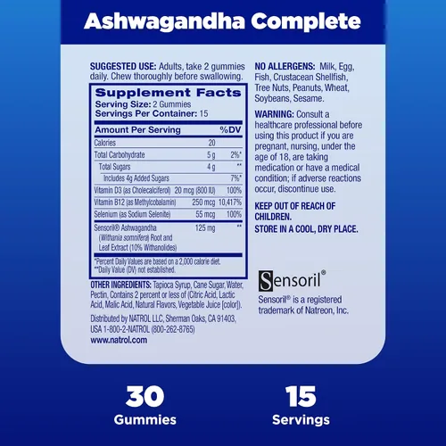 Vista 4 de Natrol Ashwagandha - Gomitas completas, soporte diario de estrés 3 en 1, apoya un mejor estado de ánimo, reduce el estrés ocasional y la fatiga, 30
