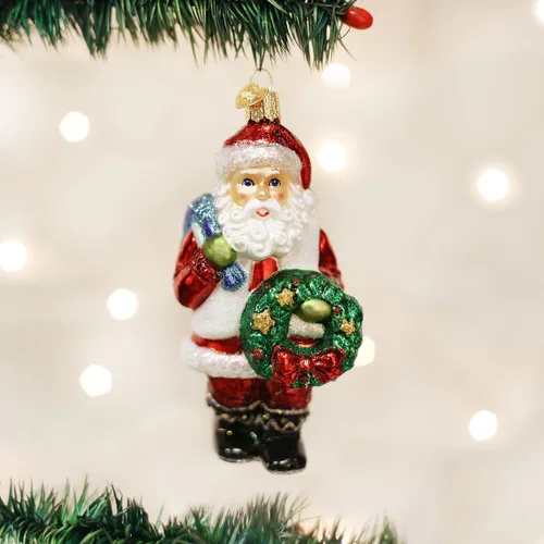 Vista 2 de Old World Christmas Santa con Guirnalda de Vidrio Soplado Adorno para Árbol de Navidad, Decoración Navideña Hecha a Mano, Colección Santa