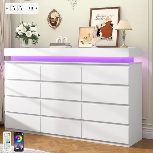 Vista 8 de chartustriable Cómoda de 9 cajones para dormitorio, cómoda blanca con luces LED, cómoda moderna para armario, armario organizador de cajones de 63