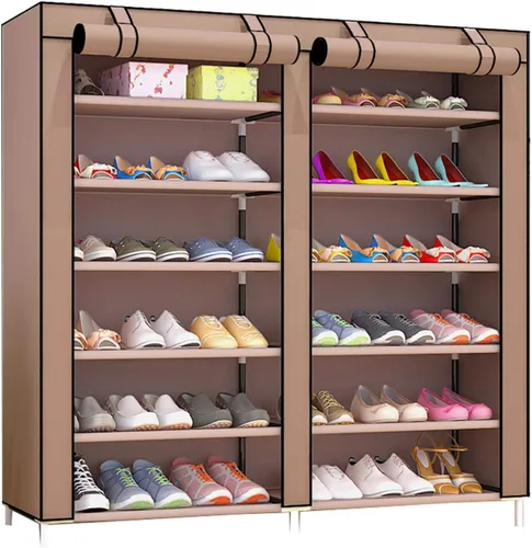 Vista 12 de Zapatero de 2 filas de metal, cubierta de tela multicapa a prueba de polvo, organizador de almacenamiento para dormitorio, sala de estar, puerta