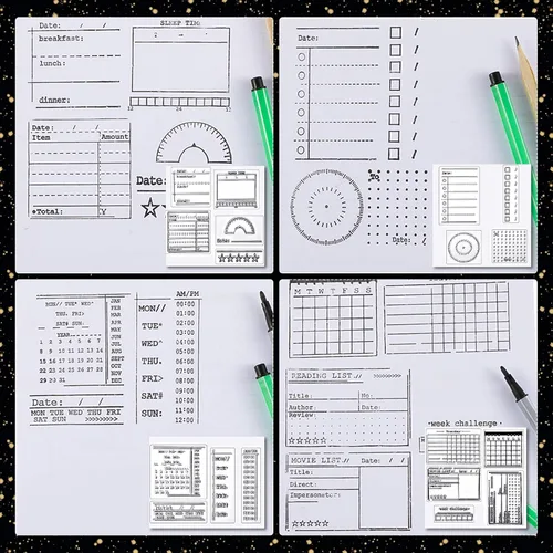Vista 5 de Zonon 18 Piezas Sellos de Diario Sellos Transparentes para Diario, 4 Hojas Plantillas de Planificador de Calendario de Silicona para Bullet Journal