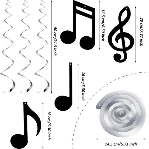 Vista 2 de Zonon 25 piezas de notas musicales colgantes, espiral, papel de aluminio musical, decoración de fiesta, espiral, recortado, para boda, baby shower