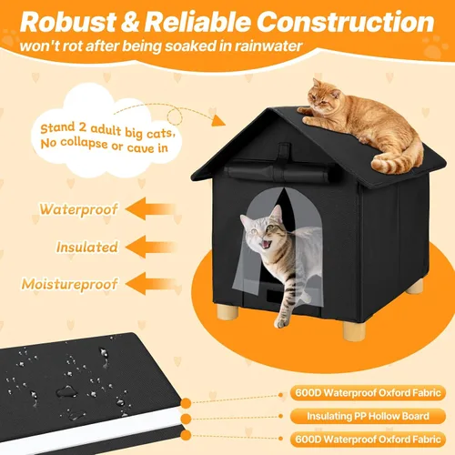 Vista 4 de FHTONGE Casa elevada para gatos al aire libre con alfombrilla lavable, refugio resistente a la intemperie para gatos con 2 salidas, perrera aislada