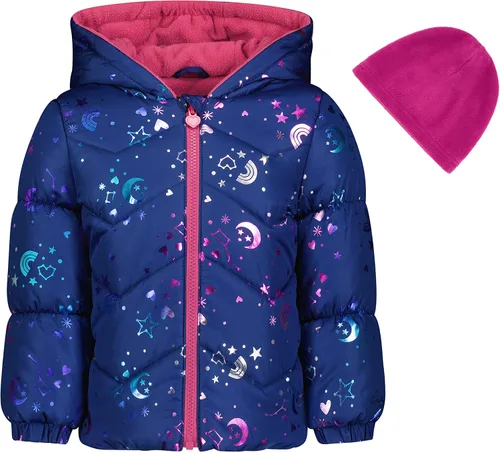 Vista 2 de LONDON FOG Chaqueta acolchada de invierno con gorro de forro polar para bebé niñas, marino