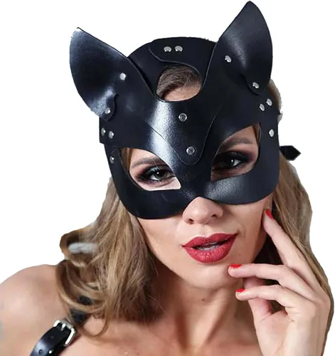 Vista 3 de Seglorwy Máscaras de cuero para disfraz de conejo, zorro, gato, mujer, máscara sexy de piel sintética para fiesta de máscaras, Halloween, cosplay