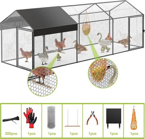 Vista 6 de Gallinero de metal para 8-12 pollos de 118 x 40 x 40 pulgadas, corrida grande para patio con cubierta, jaula portátil para aves de corral