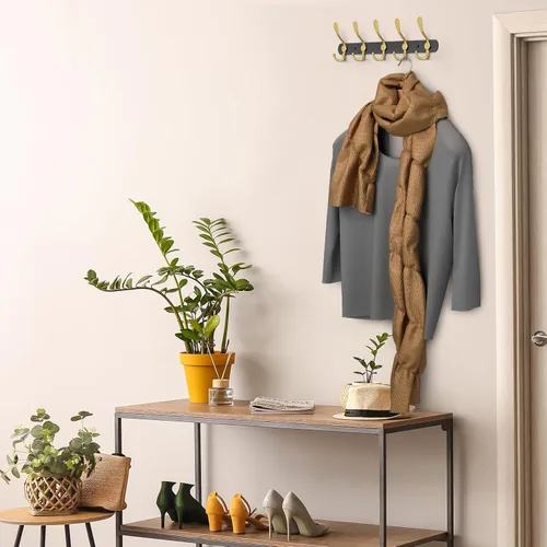 Vista 3 de Perchero de pared con 5 ganchos triples, acero inoxidable de 16 pulgadas – Acabado mate negro y dorado, perchero de pared resistente para abrigos