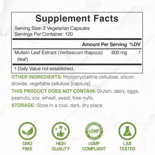 Vista 2 de Extracto de hoja de gordolobo 20,000 mg, 240 cápsulas vegetarianas - Suministro para 4 meses - Sin OMG, vegano