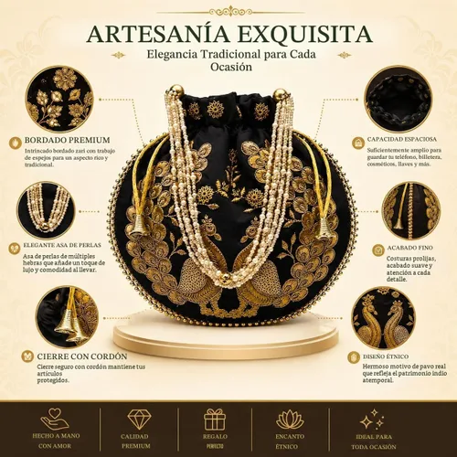Vista 7 de Bolsa de terciopelo bordada para mujer, bolsa con cordón, regalo de boda dorado para mujer Negro