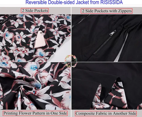 Vista 5 de RISISSIDA Women Casual Reversible Floral Print Jacket Hooded Spring Fall Fashion, Lightweight Waterproof Thin Transition Coat