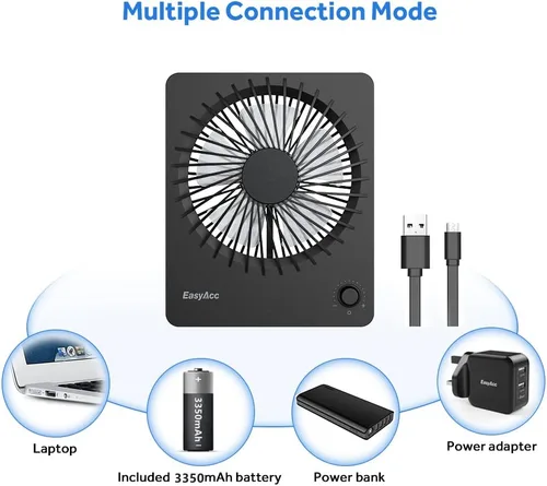 Vista 4 de EasyAcc Ventilador de escritorio con batería recargable, ventilador de viaje personal portátil de 6000 mAh, tiempo de funcionamiento máximo de 26